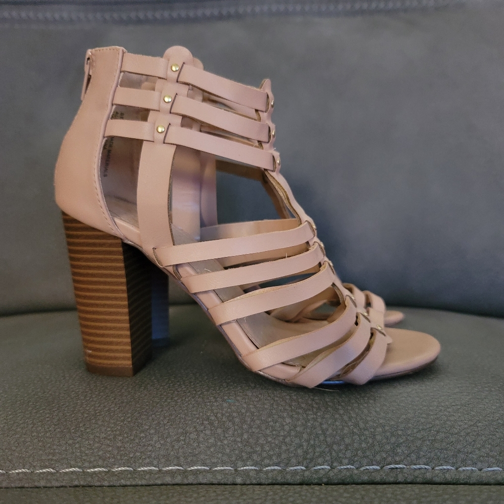 Nude caged stacked heel sandals